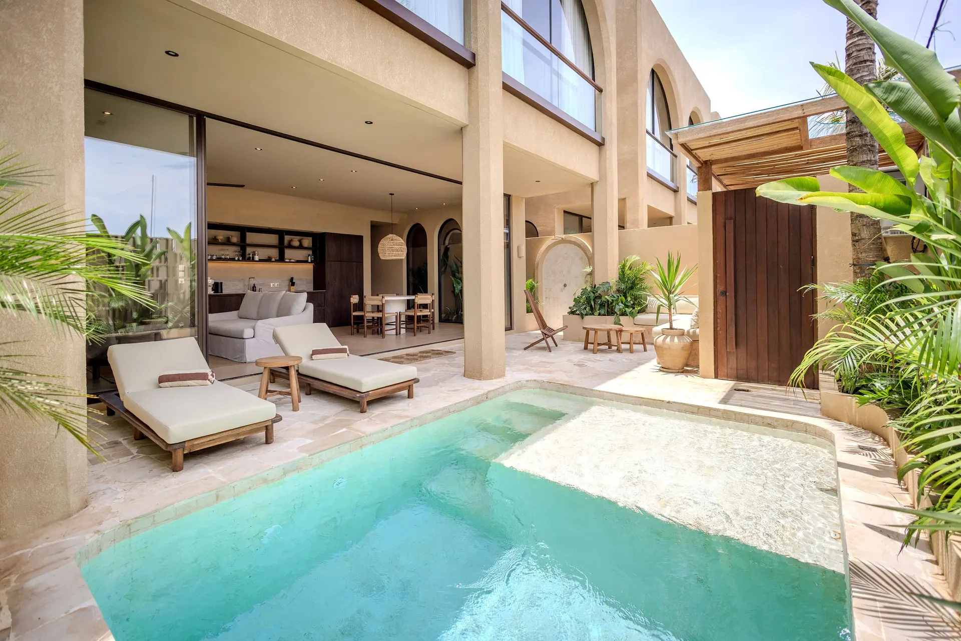 Nobia Villas rooftop and pool at golden hour in Bingin, Bali